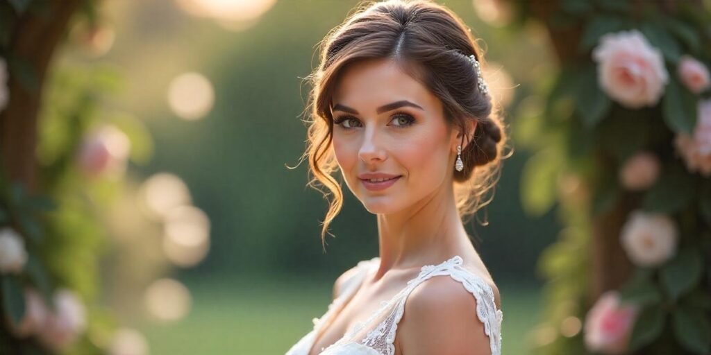 Elegant bridal hairstyle with a French twist updo in a romantic bridal photoshoot setting