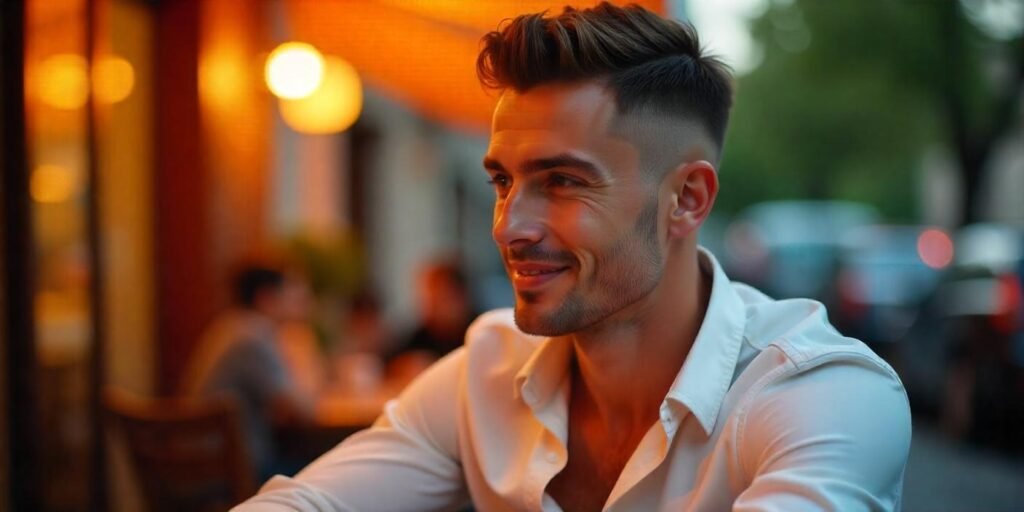 Low Skin Fade men's haircut with smooth fade and romantic vibe in a café.