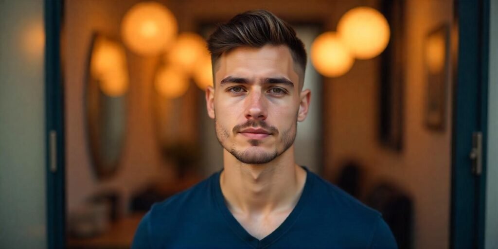 Realistic image of a man with a mid skin fade haircut, showcasing a clean, sharp style.
