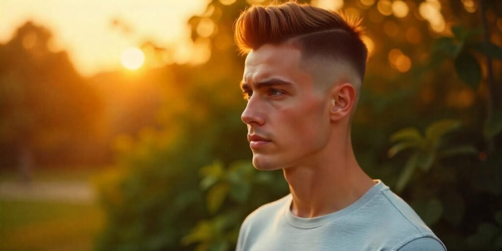 Young man with a high skin fade haircut, wearing a light-colored t-shirt, against a romantic sunset background.