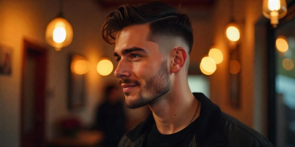 "Realistic image of a young man with a drop fade haircut, low and mid skin fade with a stylish outfit, in a romantic atmosphere."
