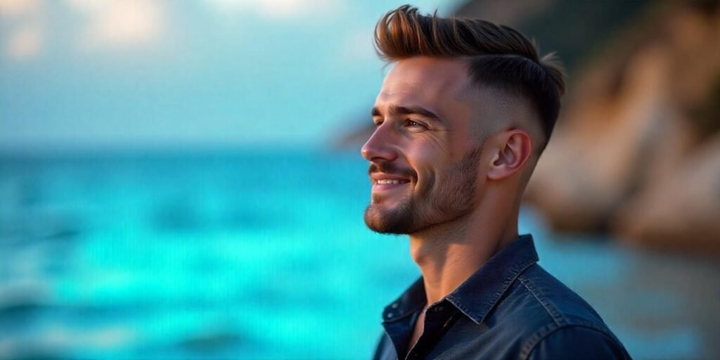 Man with taper fade haircut, clean hairline, and natural neck, set in a romantic ambiance