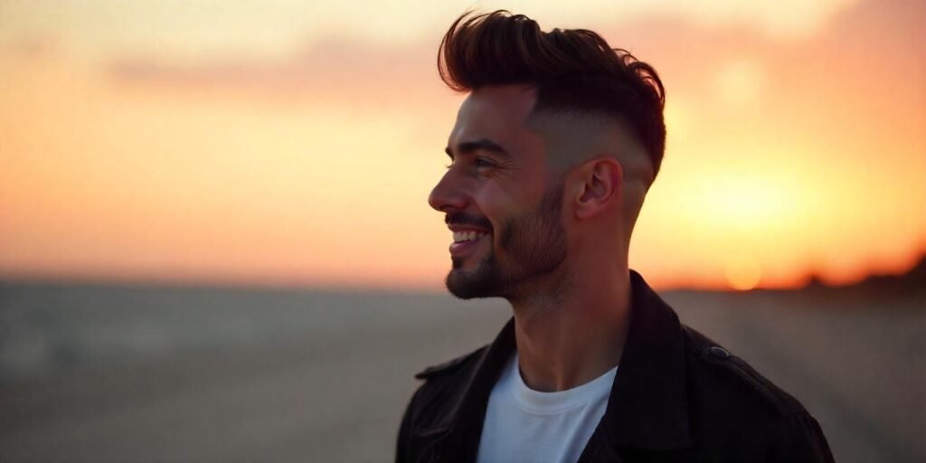 Young man with burst fade haircut, casual attire, confident expression, romantic sunset background.