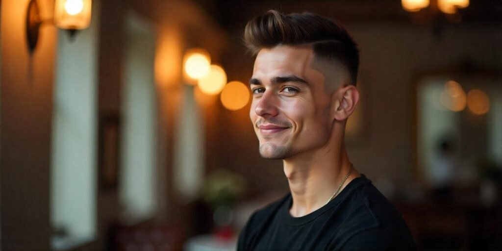 "Modern burst taper fade haircut for men with clean sharp lines and a smooth transition around the temple, creating a stylish and sharp look."