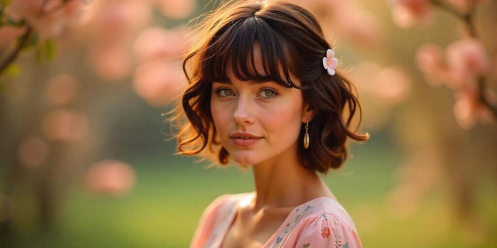 Woman with chunky twists and bangs in a romantic outdoor setting with pastel pink dress.