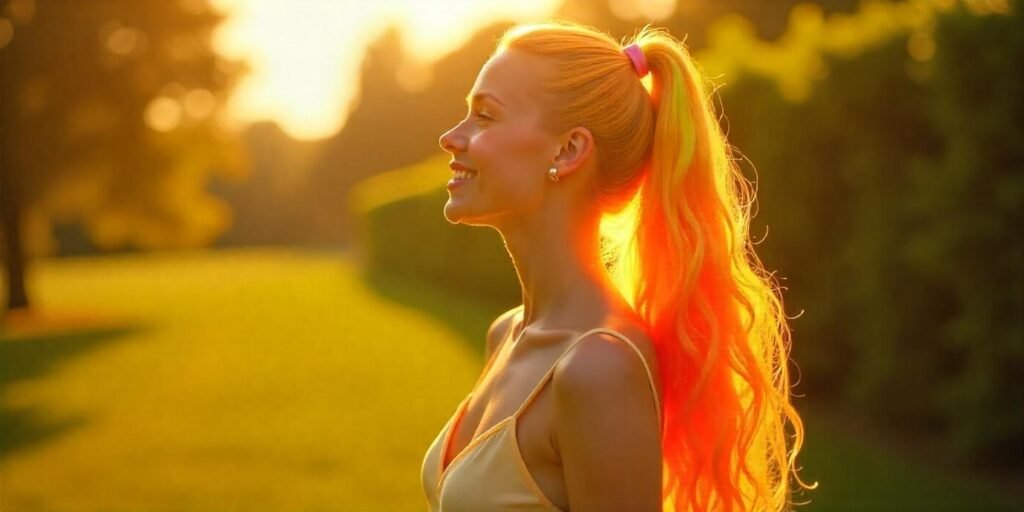 Solar Flare Ponytail showcasing UV-reactive electric yellow hair with clip-in neon extensions,