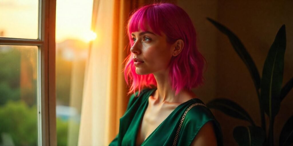 Realistic portrait of a woman with Quantum Split Dye Lob hairstyle, blending vibrant magenta shades