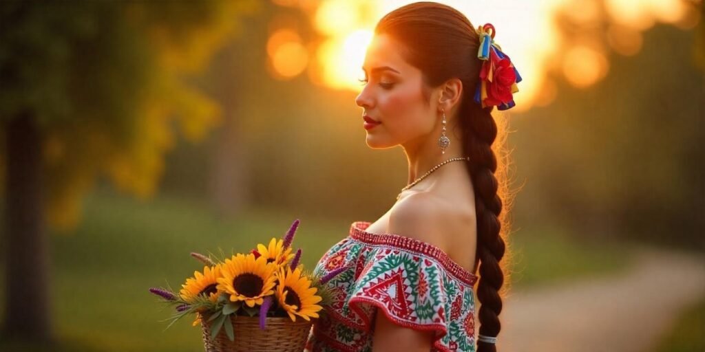 Mexican woman in traditional dress with braided hair and ribbons in a romantic outdoor setting.
