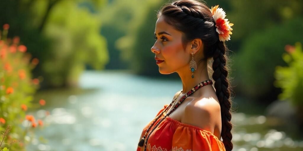 Realistic image of a woman with traditional Mexican braids, feathers, and beads, in a romantic setting