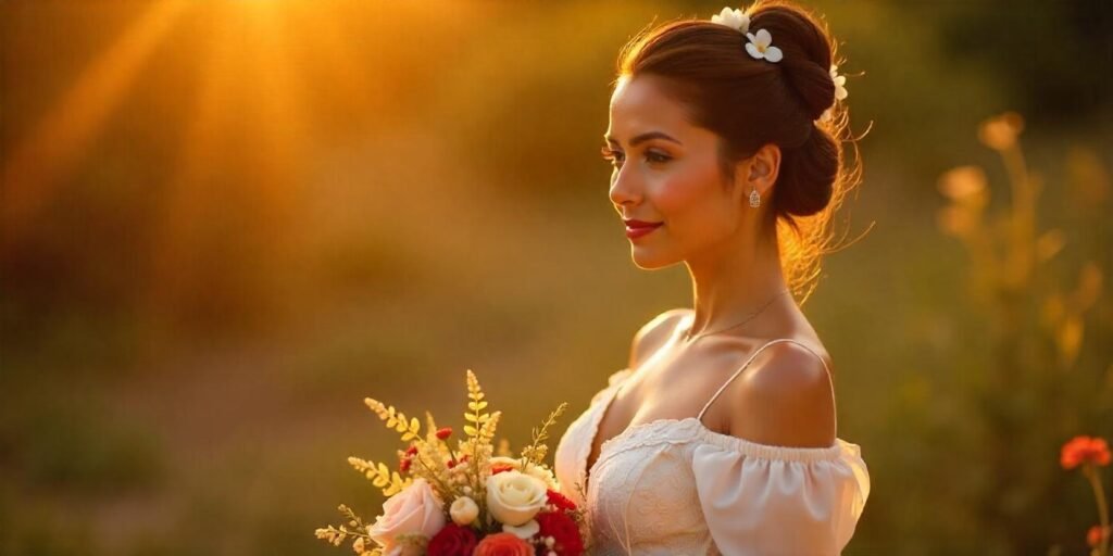 Real photo of a woman with a high chongo hairstyle and floral accents, wearing a traditional dress for a wedding or cultural ceremony.