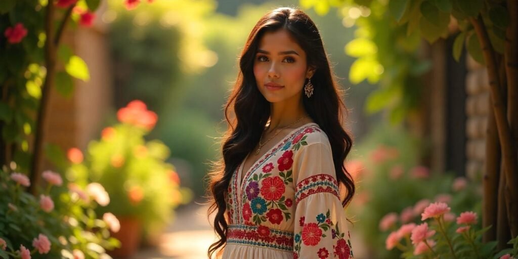 A woman with dark hair in traditional Mexican attire, symbolizing cultural pride and heritage in a romantic garden.