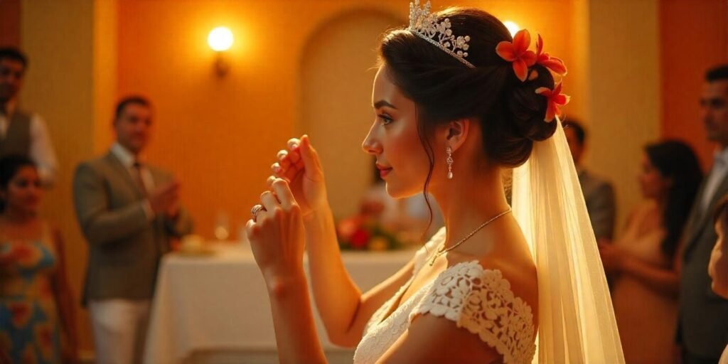 Bridal hairstyle with orange blossoms and tiara for Veracruz wedding celebration