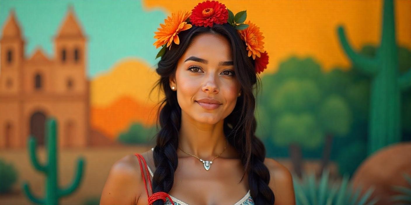 Young Mexican woman with braided hairstyle adorned with ribbons and flowers against a colorful cultural mural background.