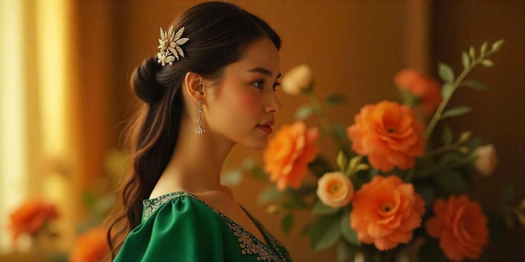 Realistic image of a woman with long hair adorned with ornamental mythical pins, wearing a deep emerald green dress, in a romantic setting emphasizing grace and beauty
