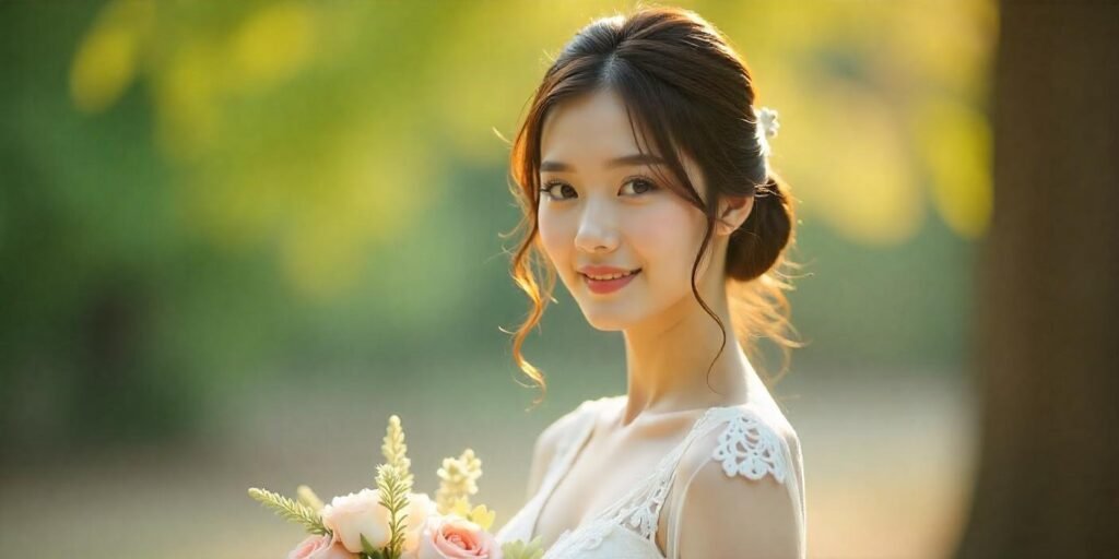 Realistic Korean bride with Western-inspired wedding hairstyle, wearing a traditional white dress, featuring a low bun and half-up hairstyle, in a romantic outdoor ceremony.