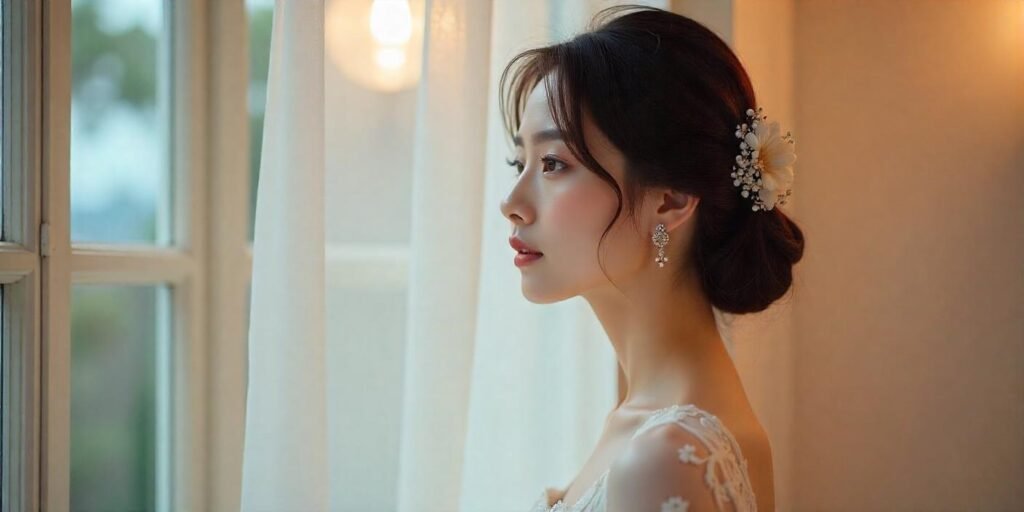 Korean bride inspired by K-Drama celebrity styles with soft curls, minimalist binyeo, and a soft white lace wedding dress in a romantic setting.