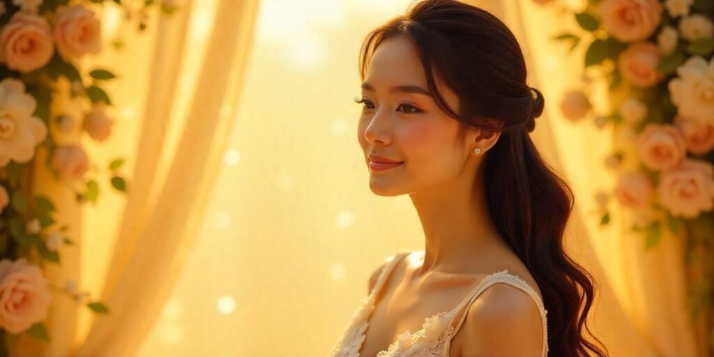 Real photo of a woman with dark brown hair styled elegantly in a romantic ivory-white gown, symbolizing cultural transformation and beauty