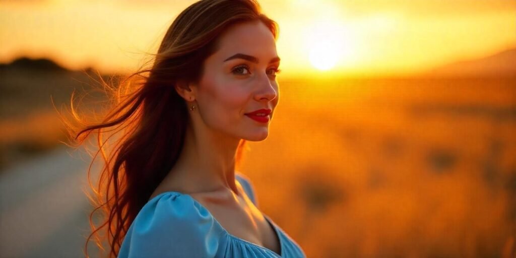 Realistic portrait of a woman in a serene blue outfit and vibrant red accessories, with long brown hair in soft waves, capturing the symbolism of tranquility and vitality in a romantic outdoor setting