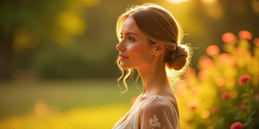 Side rolled ponytail updo with a flowy white dress in a romantic garden setting.