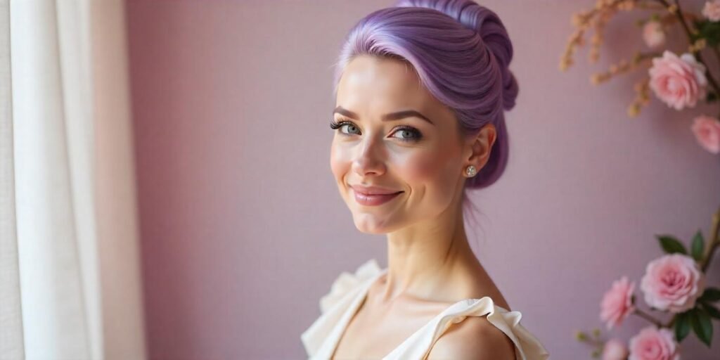 A beautiful woman with lilac French twist beehive hairstyle in a romantic setting, wearing a pastel dress.