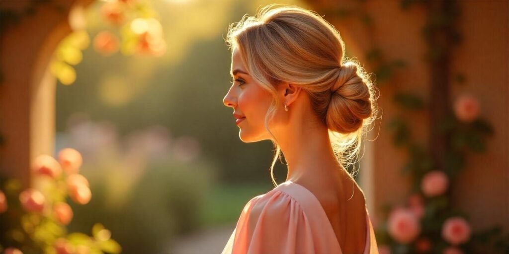 Elegant low hanging twist with swirled top and caramel blonde hair in romantic garden setting.