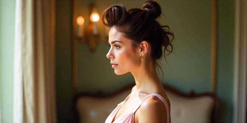 "Realistic messy Mohawk updo with tousled hair and a soft pastel dress, set in a romantic background."