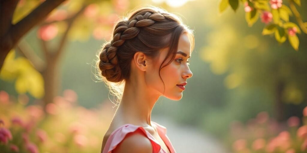 Realistic photo of a woman with a woven twist back bun hairstyle in a romantic, soft-lit setting