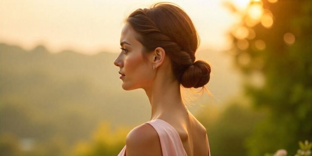 Realistic photo of a woman with low twisted ponytail hairstyle in a romantic pastel-colored dress
