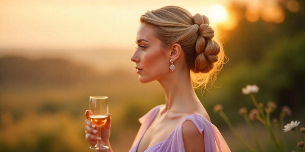 Elegant three-layered twist hairstyle for thick hair, ideal for formal events with a romantic background