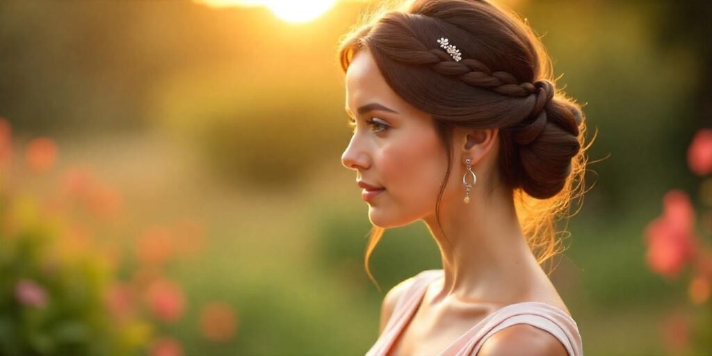 Realistic braided twist updo hairstyle with side section and romantic soft lighting background.