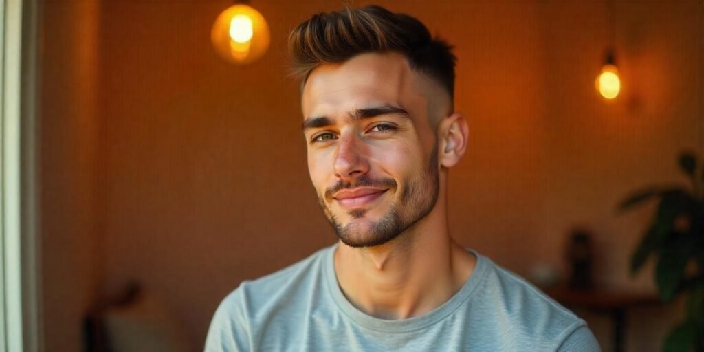 Realistic photo of a man with a textured crop buzz haircut and mid-skin fade, wearing a light grey t-shirt in a romantic setting.