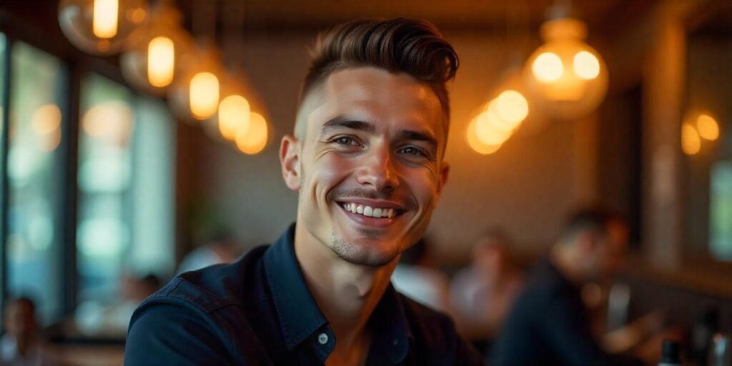 Young man with long buzz cut and taper fade hairstyle in a romantic cafe setting, wearing a dark shirt.