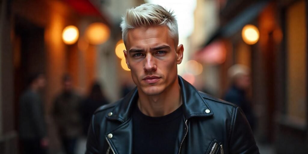 Man with platinum blonde buzz cut and dark jacket in a romantic setting with natural neck and confident expression