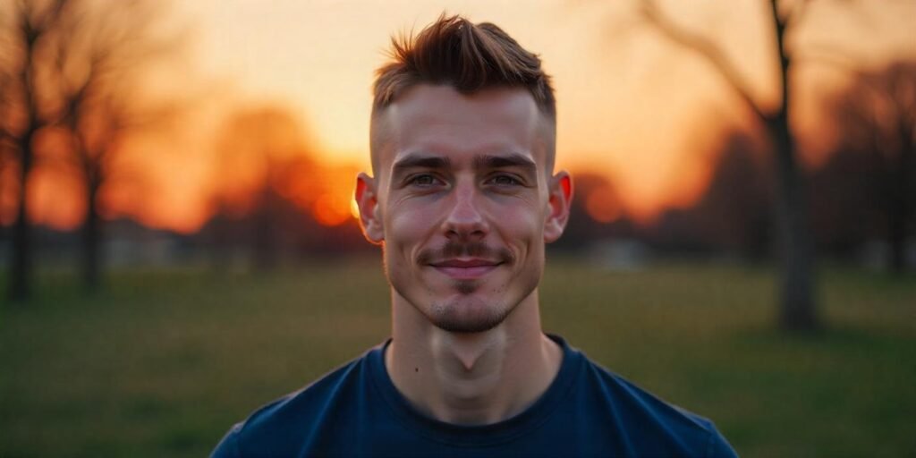 "Buzz cut with mid fade hairstyle for men, featuring defined lines, short top, and romantic background."