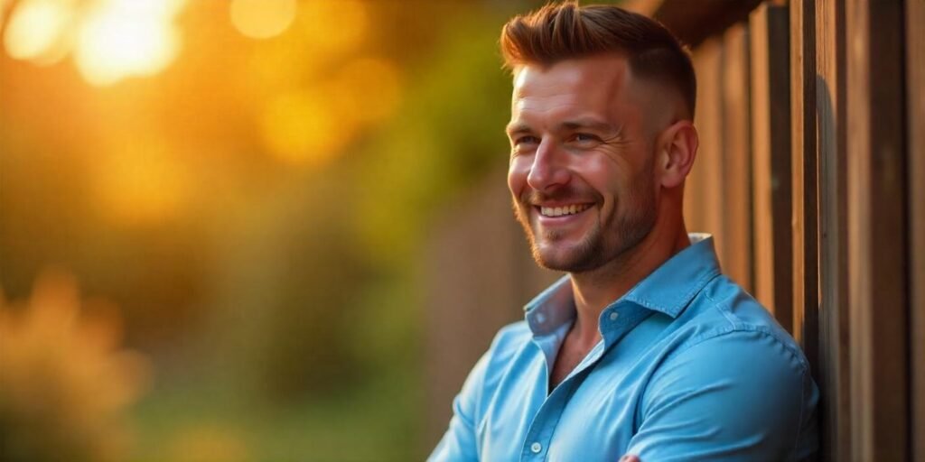 "Man with low fade buzz cut in a romantic outdoor setting, dressed in a light blue shirt, looking confident and relaxed."
