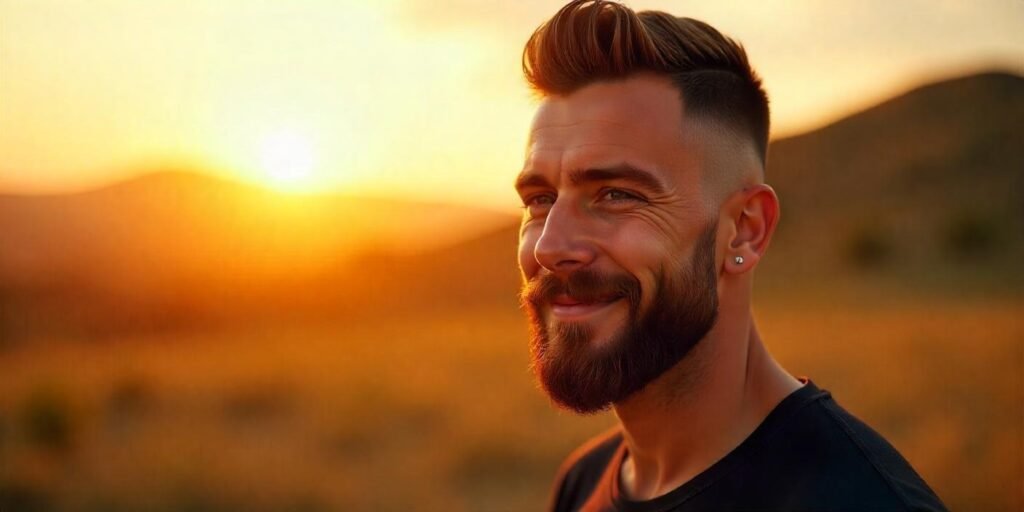 "Create a realistic image of a young man with a thick buzz cut. The hair should have extra length on top, styled with a 4 or 5 guard, contrasting with closely cropped sides. Pair this with a full stubble beard, making him appear rugged and confident. The young man is wearing a dark casual t-shirt, standing in a romantic outdoor setting, with soft lighting that highlights the sharpness of his haircut and the fullness of his beard. His expression should reflect confidence, with a slight smile. His skin tone is natural, and the neck should look realistic, not artificial. The background should have a romantic vibe, such as a sunset or soft outdoor lighting, giving a calm yet confident atmosphere."