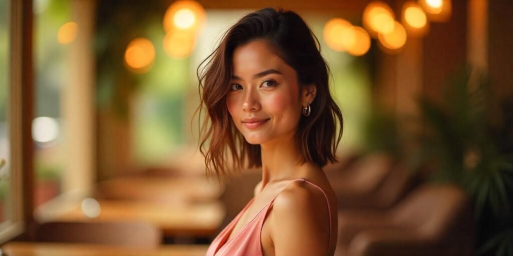 Woman with textured, voluminous haircut in soft pink dress standing in romantic garden with natural lighting.