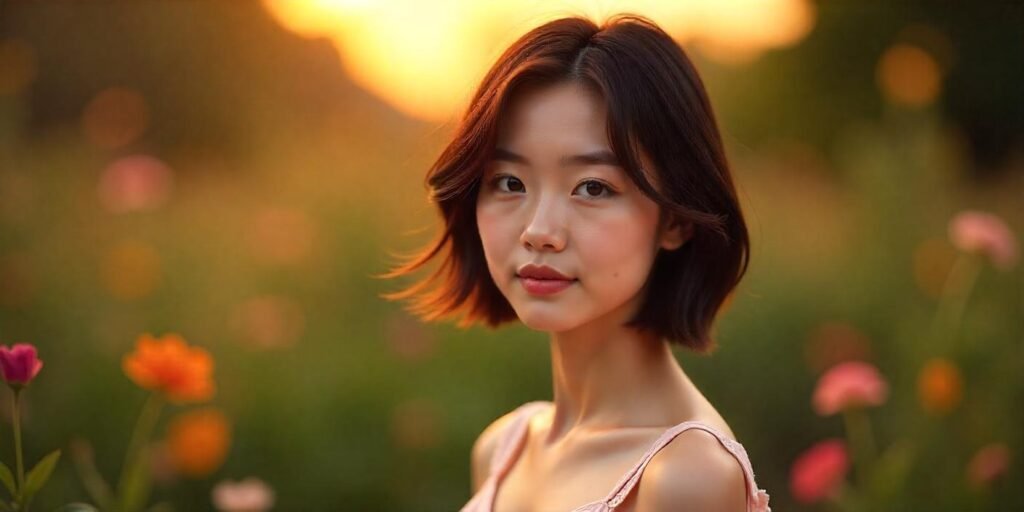 Asymmetrical bob with angular layers on an Asian woman, softening square jawline, romantic background.