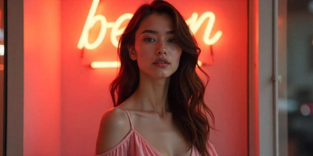 Asian woman with curtain bangs and face-framing layers, wearing a light pink dress, against a romantic background.