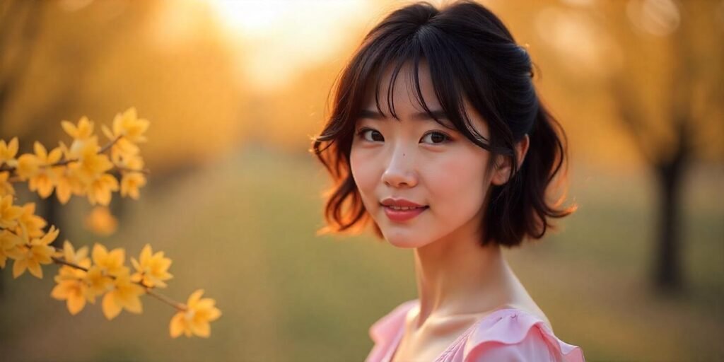 Layered shag haircut with textured ends for Asian square faces in a romantic outdoor setting