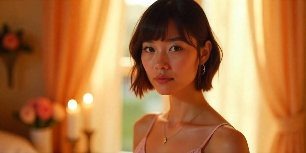 Realistic photo of a woman with chin-length blunt cut and micro-bangs, wearing a pastel dress in a romantic setting.
