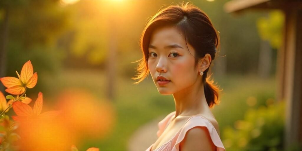 Asian woman with modern mullet and tapered sides in romantic outdoor setting, wearing pastel dress.