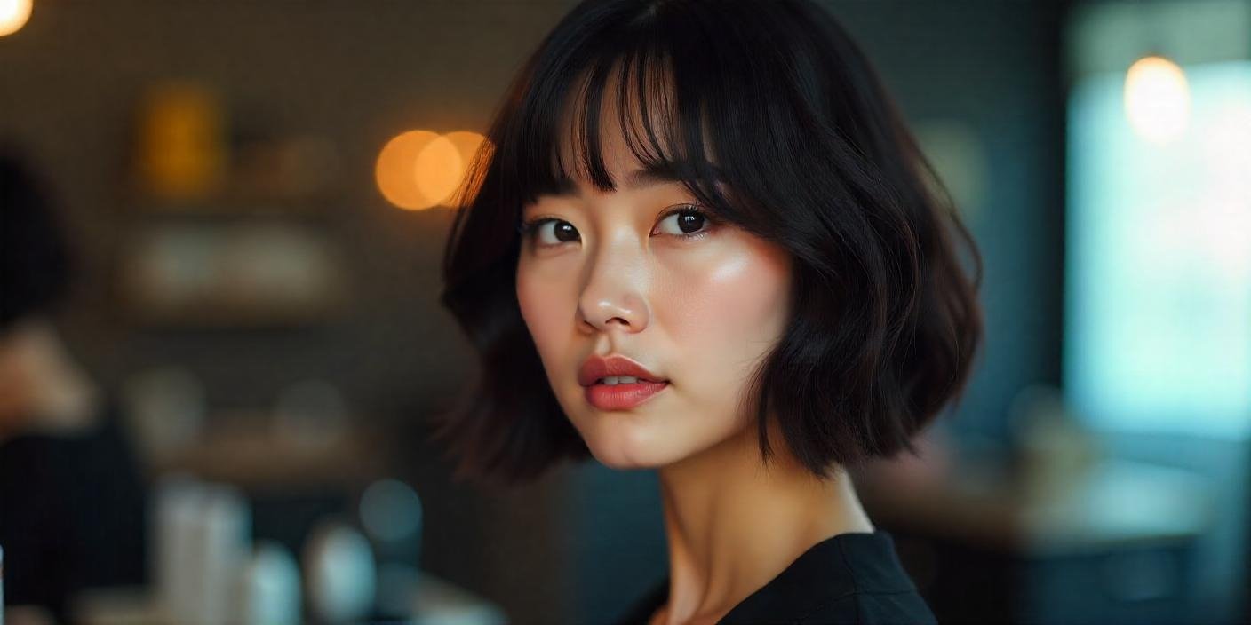 Asian woman with layered asymmetrical bob and curtain bangs in a modern salon, using styling products for textured volume.