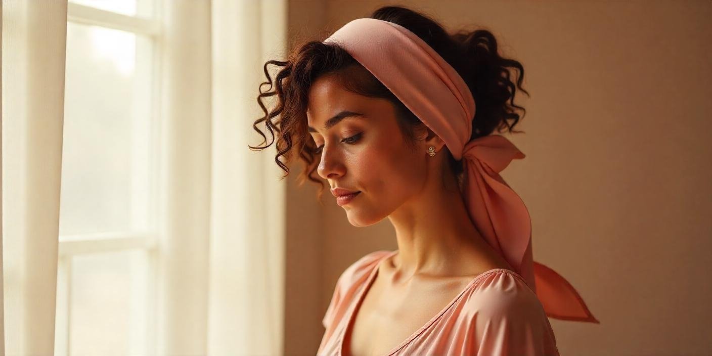 Woman wearing a satin scarf wrap hairstyle with curly hair in a romantic setting