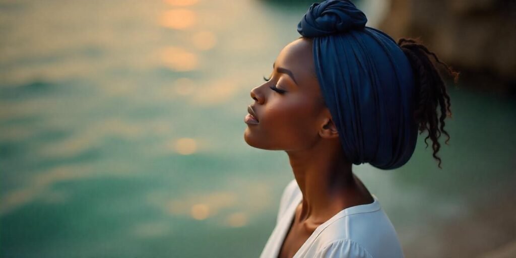 Classic satin head wrap hairstyle with flowing white dress, romantic background, and cultural pride