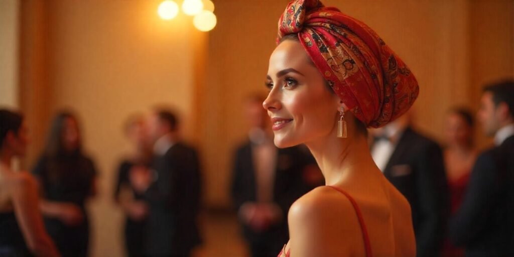 A woman with a turban wrap hairstyle at a formal event, wearing an elegant evening gown with a romantic background.