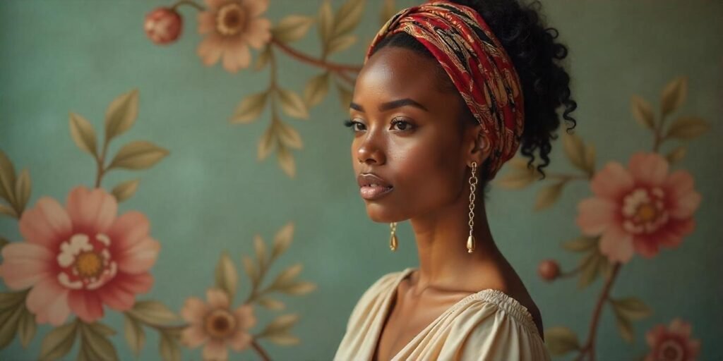 Wrap hairstyle symbolizing cultural pride and tradition, woman in neutral dress,