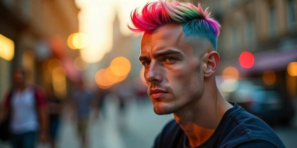 "Man with multi-colored buzz hairstyle featuring vibrant hues, casual outfit, romantic background."