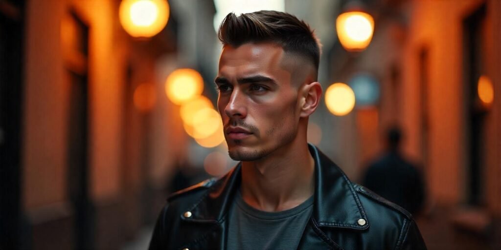 A young man with a buzz cut and sharp surgical line, dressed in black leather, in a romantic urban setting.