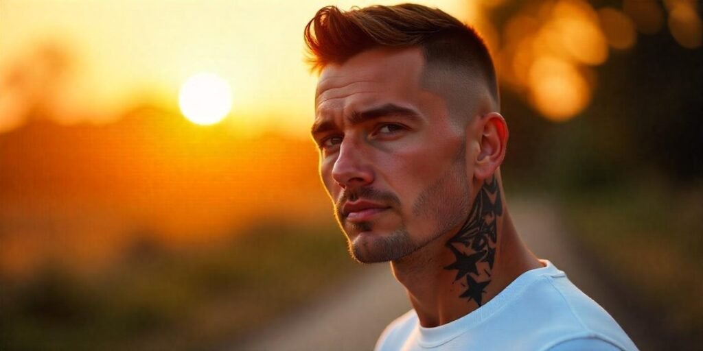 Buzz cut with star designs, fade hairstyle for men, confident young man with fresh haircut